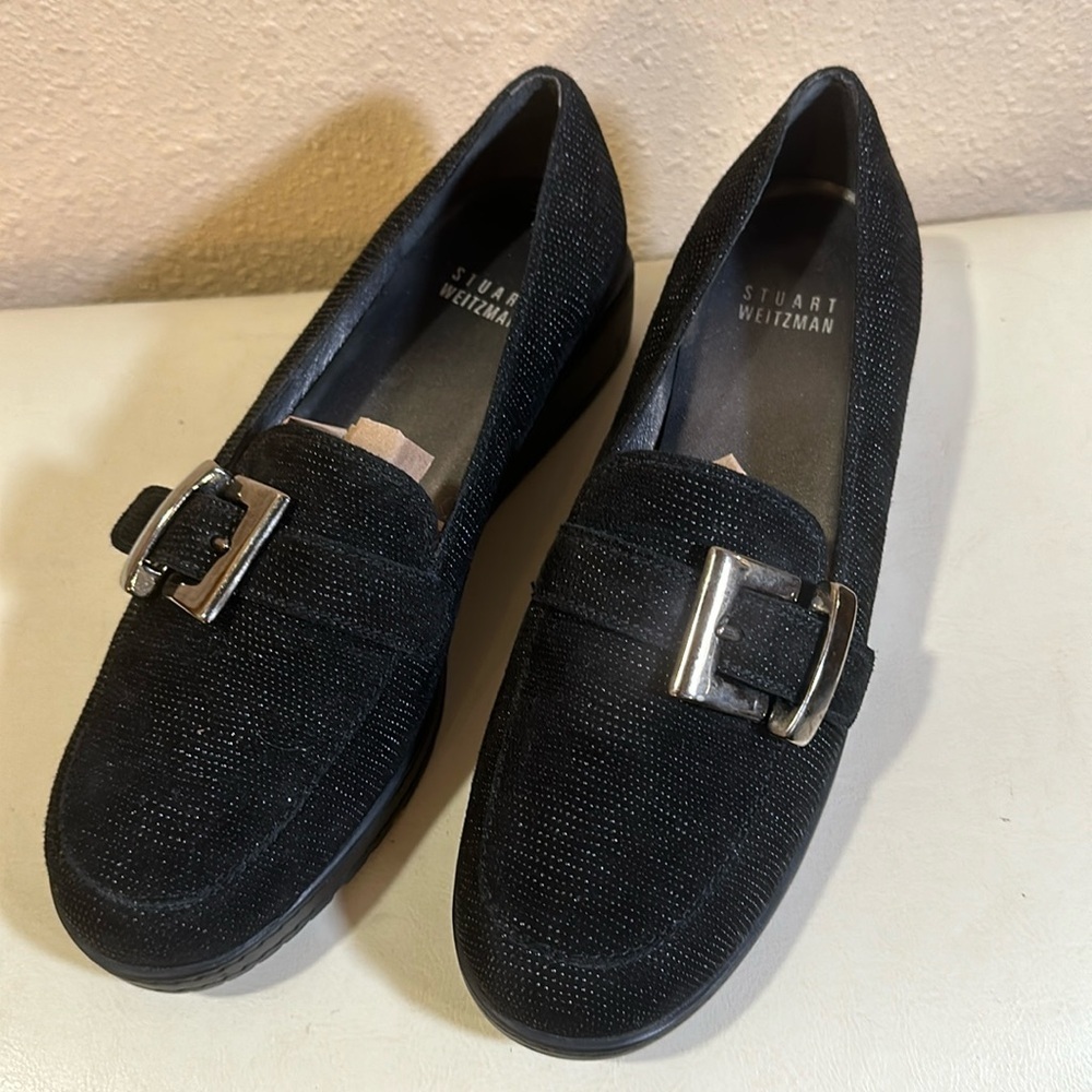 Stuart Weitzman Black Suede Buckle Loafers